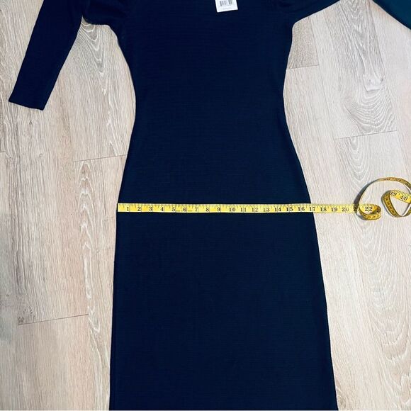 Walter Baker Dress Midi Long Sleeve Navy Blue Gathered Shoulder Puff Stretch M - Picture 12 of 16